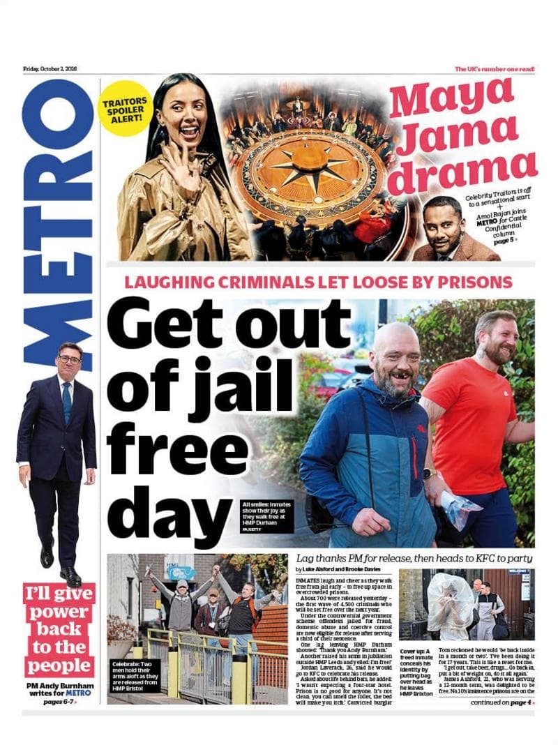 The headline on the front page of the Metro reads: “Get out of jail free day”.