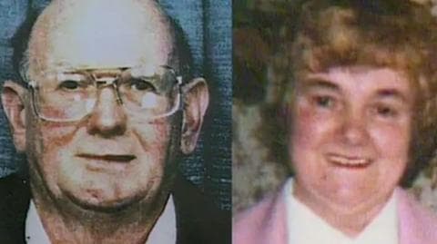 An composite of two photos. They are both grainy and appear quite old. On the left is an older man who is wearing glasses. On the right is a woman with short brownish hair. She is wearing a white top and a pink cardigan or jacket. She is smiling.