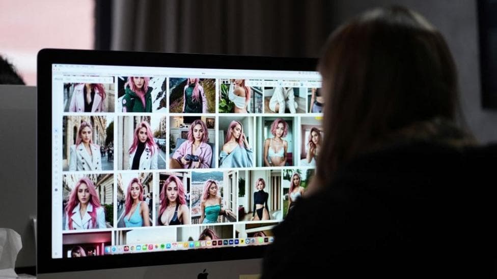 Spanish co-founder and creative director at The Clueless agency Diana Nunez, works on her computer on artificial intelligence generated images of Aitana Lopez model, at the headquarters of The Clueless company in Barcelona, on March 25, 2024. Described as "strong" and "determined" by Spanish advertising agency The Clueless which offers her services to promote various products, influencer Aitana is not a real person, but an image produced by AI, and a new rival on the influencers' market.