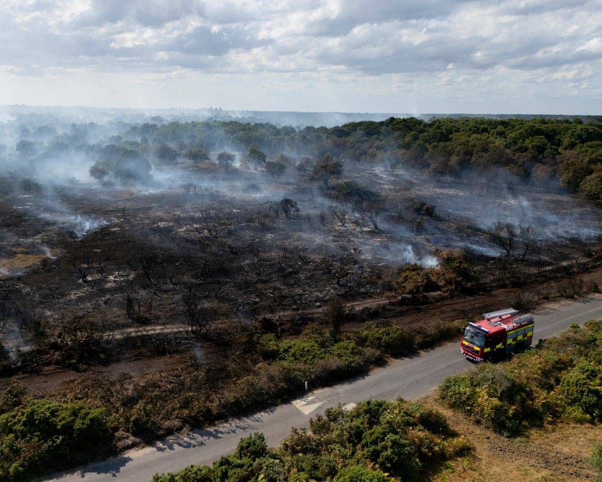 An aerial photo showing smoke rising from wildfires on a heath with a red emergency response vehicle on a road in the foreground