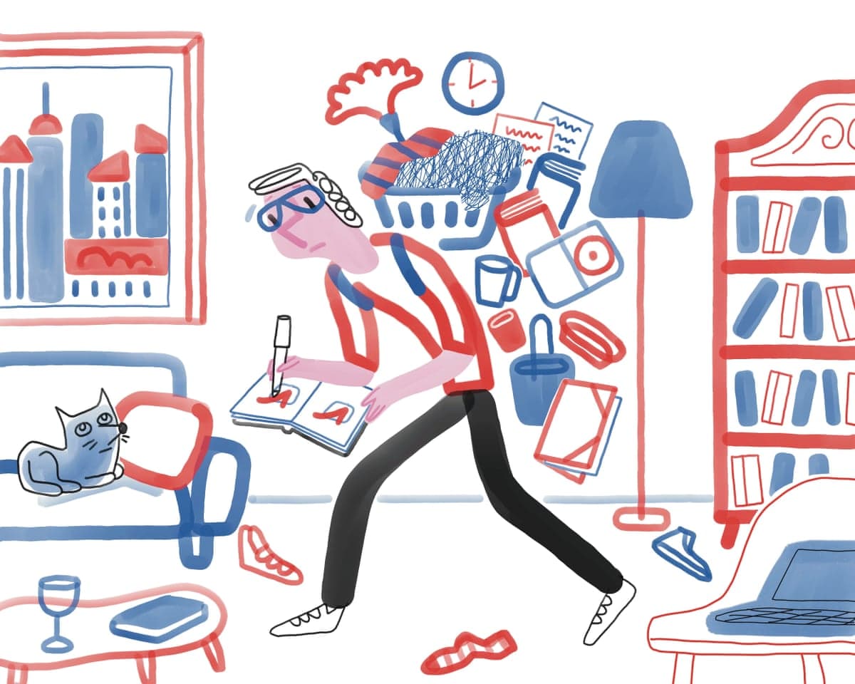 illustration of someone writing in a diary in living room filled with clutter