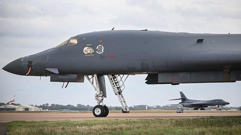 The nose of the Rockwell B1 Lancer heavy bomber on the runway at RAF Fairford.