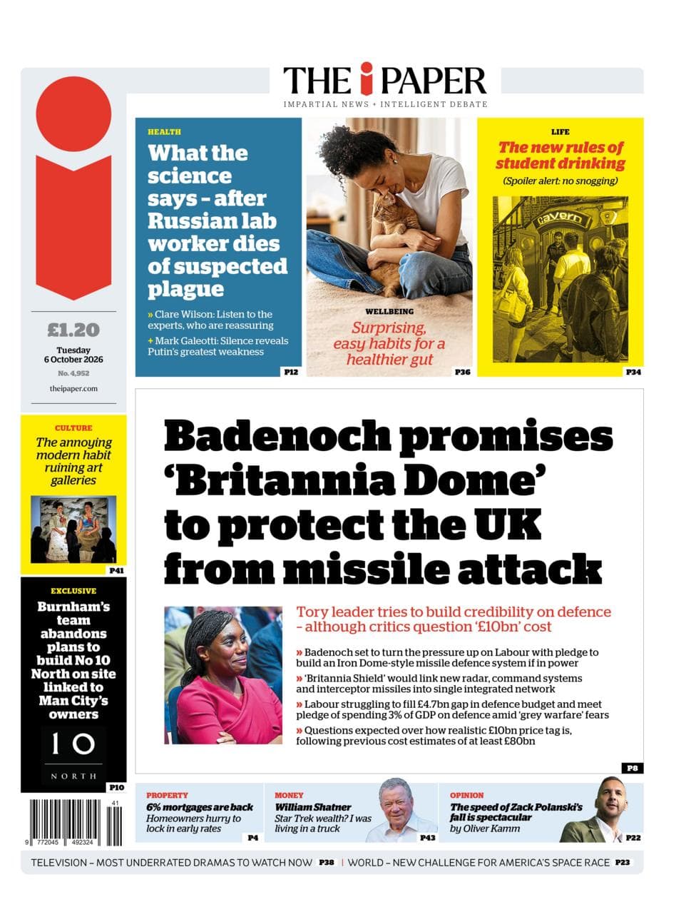 The headline on the front page of the iPaper reads: "Badenoch promises 'Britannia Dome' to protect the UK from missile attack".