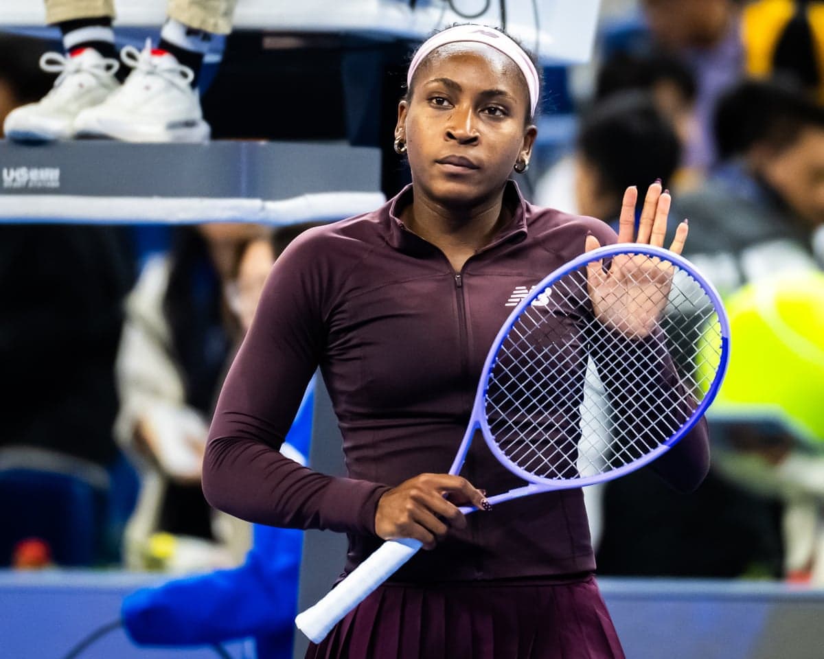 Coco Gauff reacts to defeating Sun Xinran at the China Open