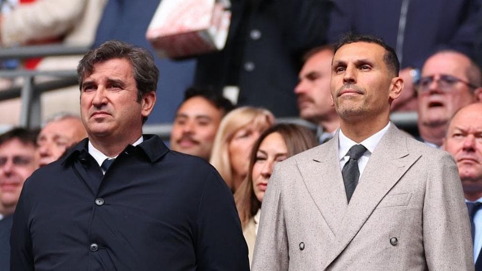 Manchester City CEO Ferran Soriano and chairman Khaldoon Al Mubarak watch on from the stands before kick-off at the 2026 FA Cup final