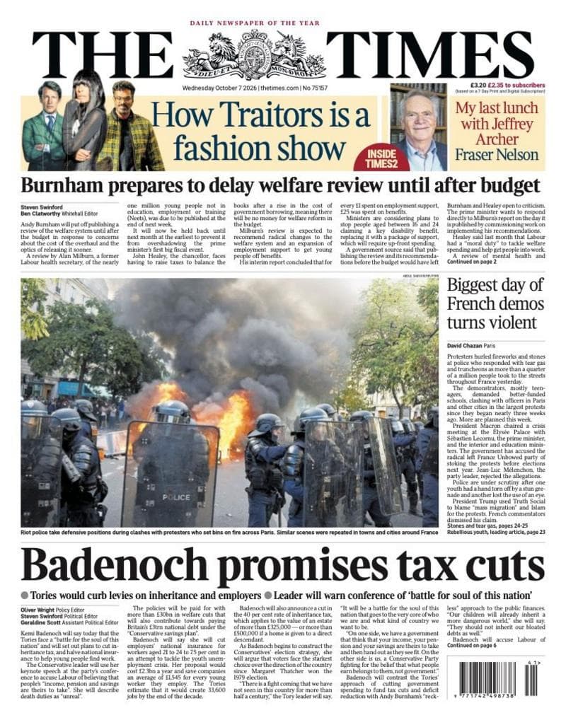 "Badenoch promises tax cuts" reads the headline on the front page of the Times.