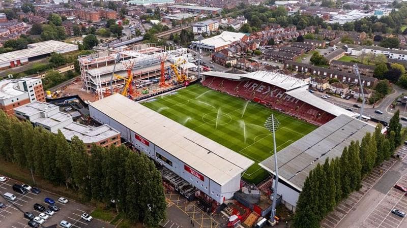 Aerial view of Wrexham's Racecourse Ground including the construction of the Kop stand