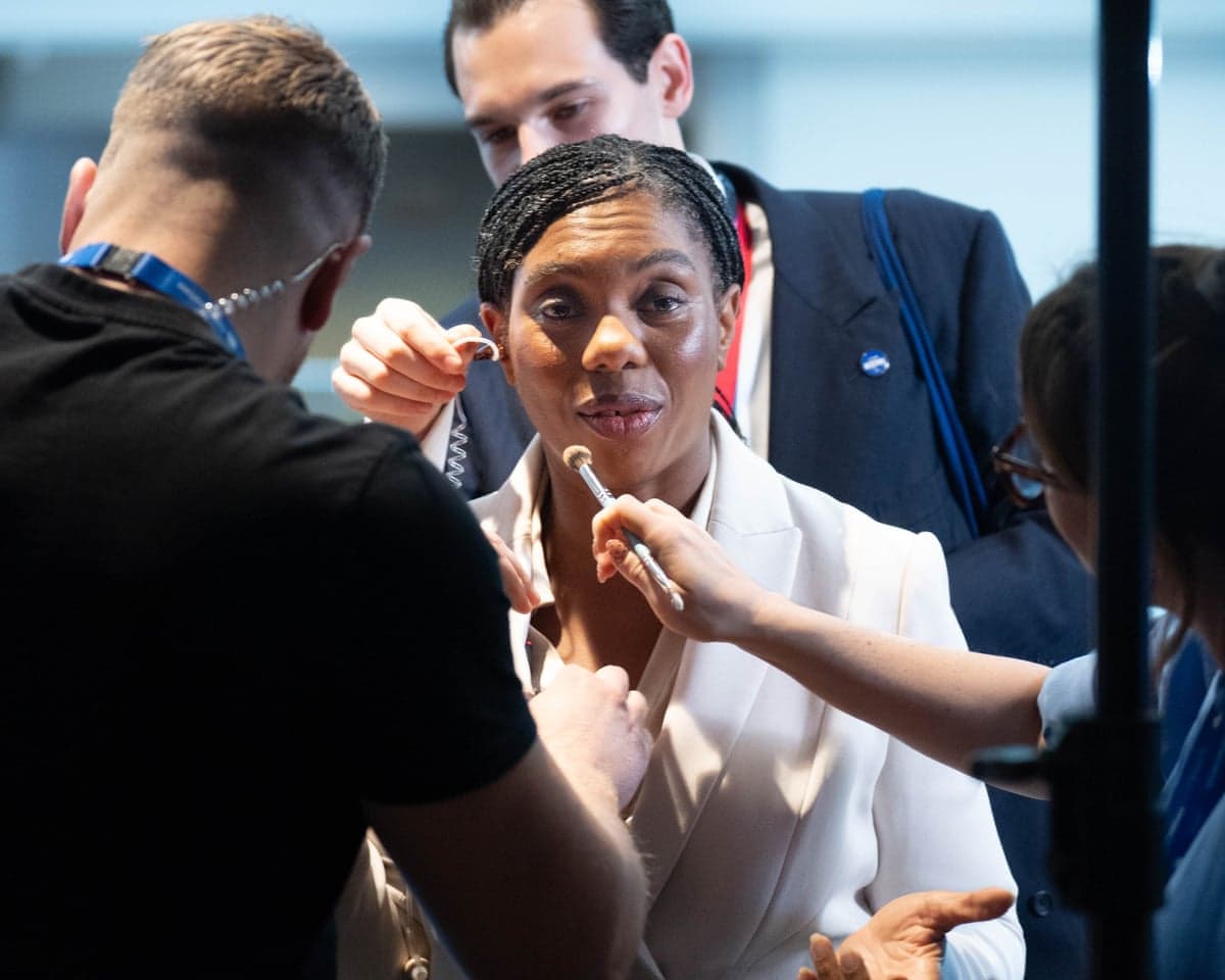 Conservative Party leader Kemi Badenoch being prepared to conduct media interviews during the Conservative Party conference.