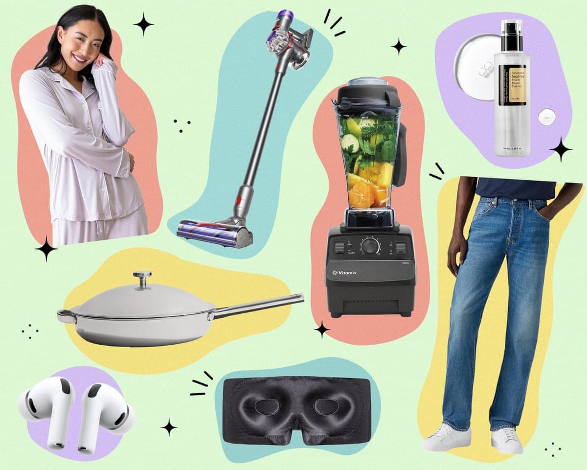 A round up of October Prime Day Deals 2026, including jeans, a cooking pan, a blender, pajamas, airpods, a vacuum and a sleep mask
