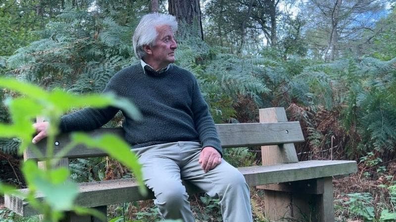 A man sitting on a bench in the woods. He is looking away from the camera. He is wearing a green jumper. Beige trousers. There is a plant in the foreground. He is in the background
