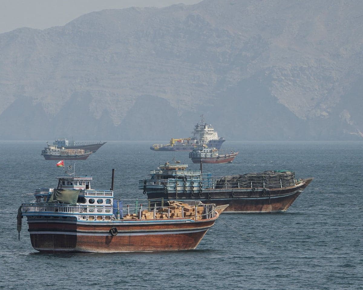 Vessels at the strait of Hormuz, as seen from Musandam, Oman.