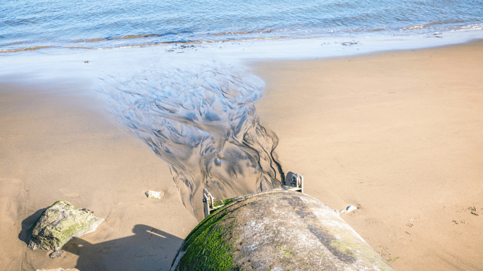 A large pipe, partially covered with some green moss-like plant, on an empty sandy beach. There is liquid pouring from the pipe into the sea in the horizon.