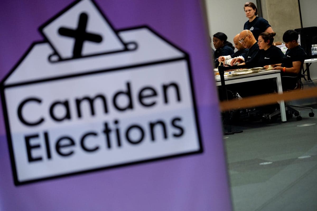 A blurred "Camden Elections" ballot box graphic overlays staff counting papers at a table