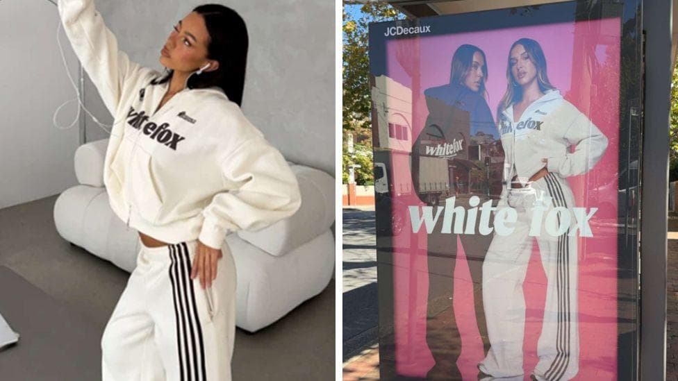 Two pictures show a woman wearing a white White Fox tracksuit taking a selfie and a bus stop billboard advertisement for the White Fox brand.