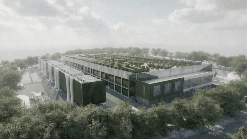 An artist's impression shows a large data centre, surrounded by trees and with a green roof in a square shape.
