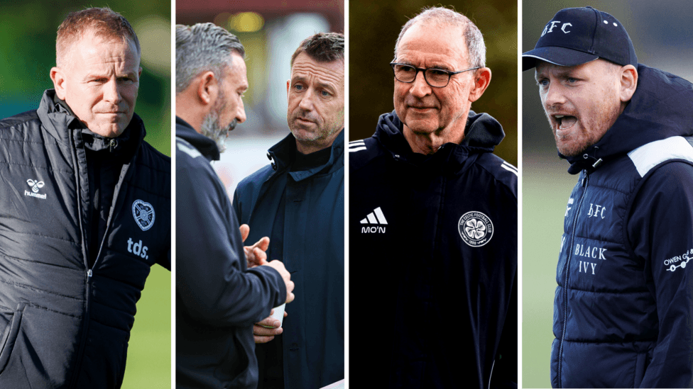 Scottish Premiership managers Wouter Vrancken (Hearts), Derek McInnes (Rangers), Neil McCann (Kilmarnock), Martin O'Neill (Celtic) and Marink Reedicjk (Hibernian)