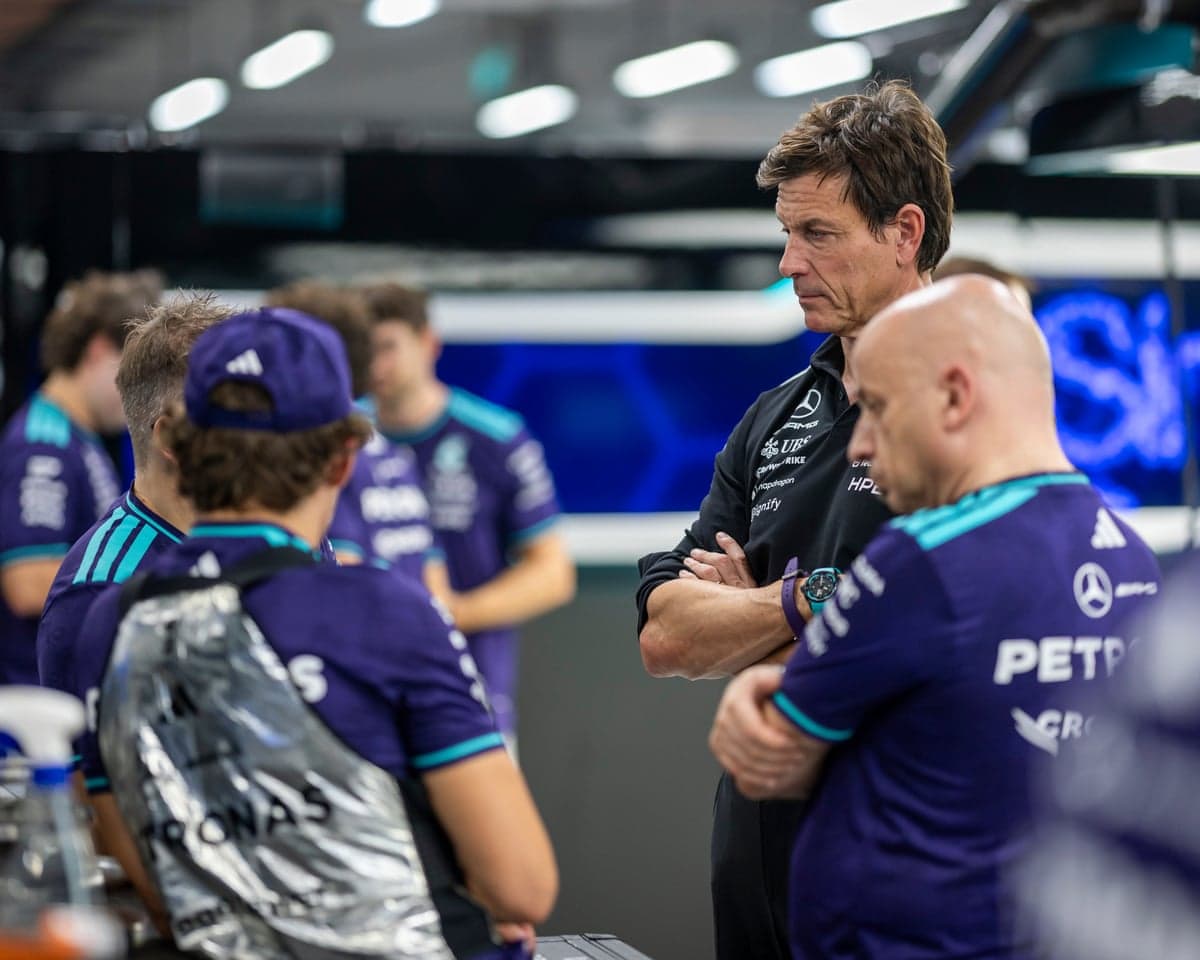 Toto Wolff, Executive Director of Mercedes, looks on in the garage during sprint qualifying ahead of the Singapore Grand Prix