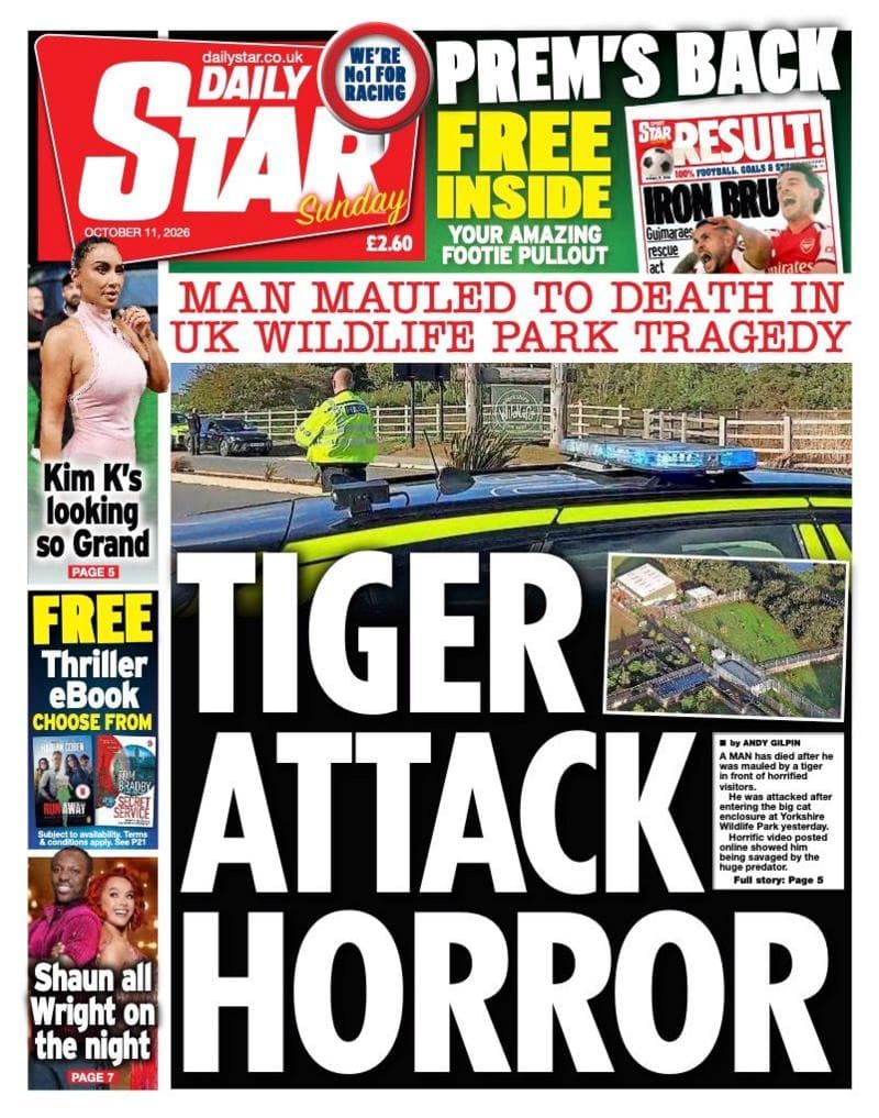 The headline on the front page of the Daily Star reads: “Tiger attack horror”.