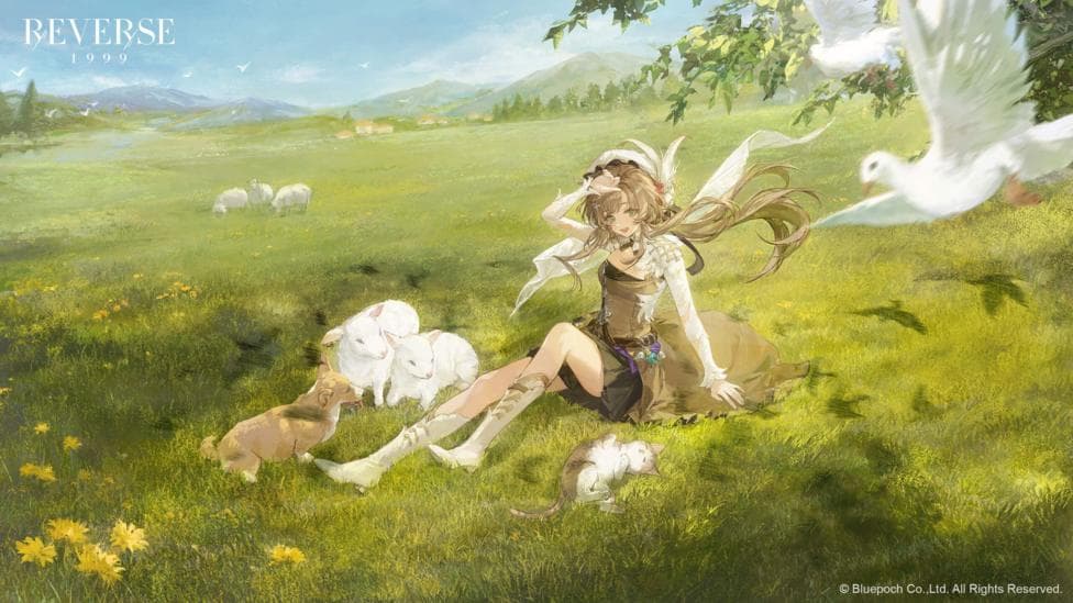 A video game anime character sits on a field surrounded by lambs with a bird swooping down.