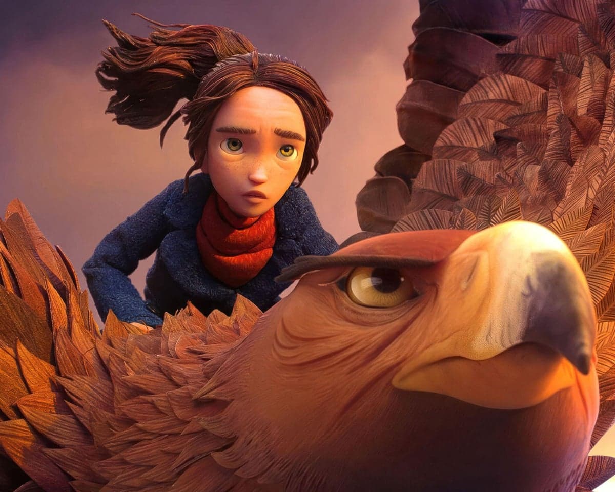 In Wildwood, an animated girl stands beside the large head of a giant feathered eagle