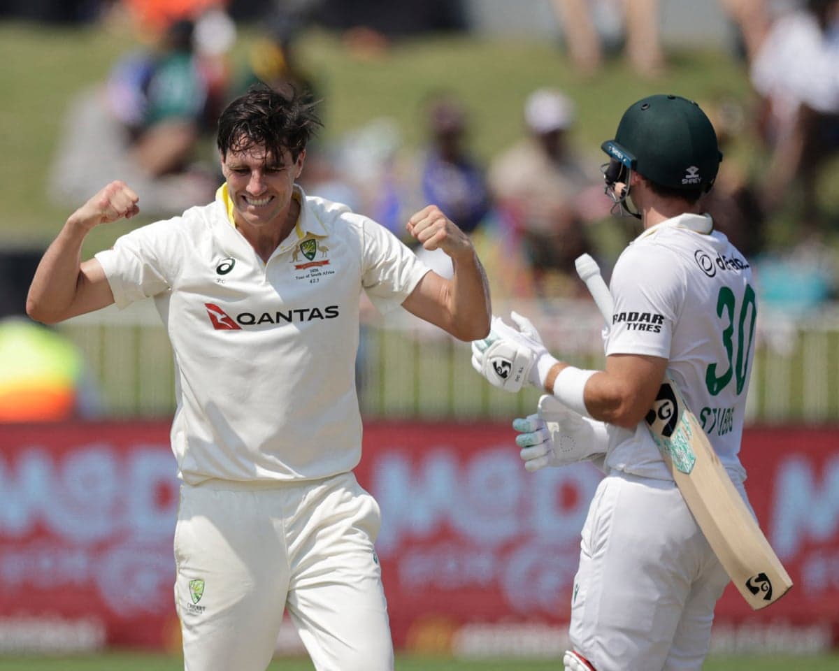 Pat Cummins punches the air after dismissing Tristan Stubbs.