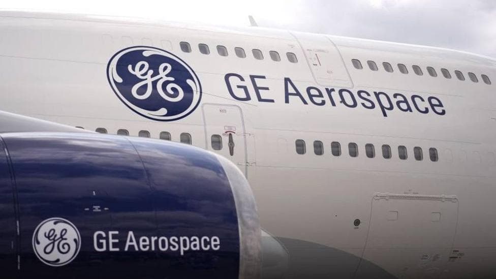 GE Aerospace logo displayed on the side of an aircraft and on a jet engine.