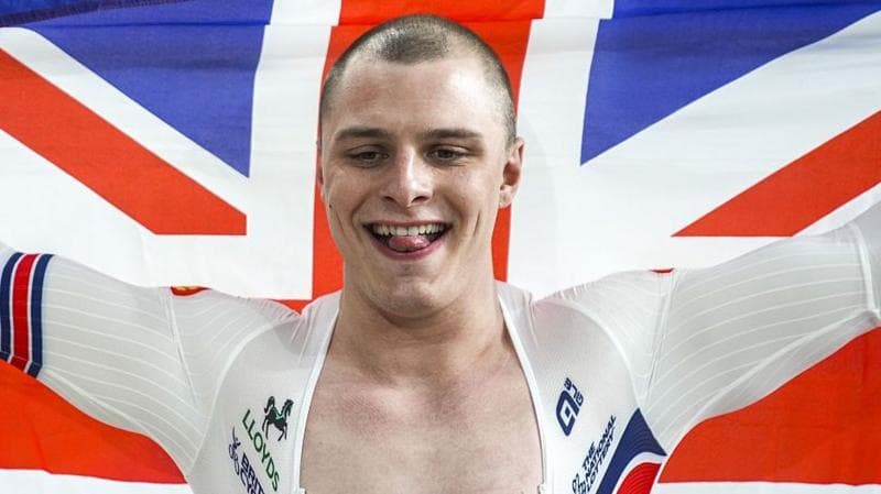 Matthew Richardson celebrates after finishing men's sprint final on the fourth day of the 2026 UEC Track Cycling European Championships at the Konya Olympic Velodrome in Konya, Turkiye, on February 4, 2026