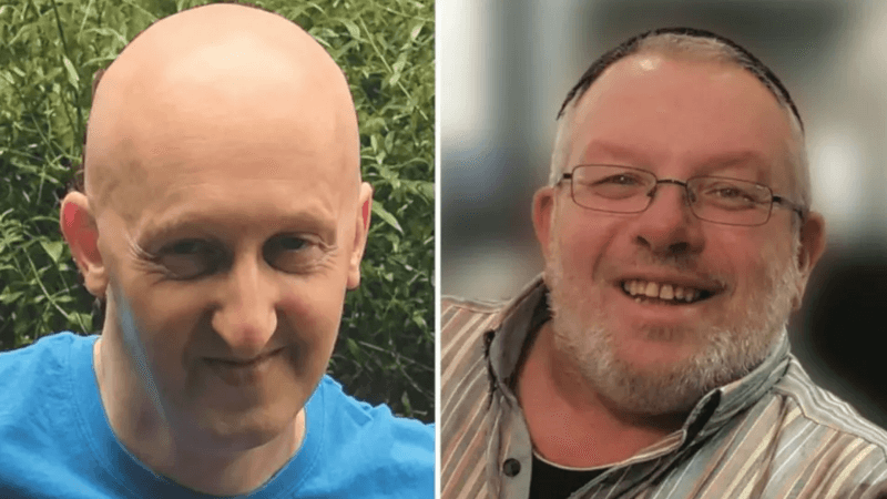 Side-by-side portrait photos of Adrian Daulby (left) and Melvin Cravitz (right). Adrian has a shaved head and is wearing a bright blue T-shirt, photographed outdoors with green foliage in the background. Melvin on the right is wearing glasses and a striped button-up shirt, photographed indoors against a blurred background. Both are shown from the shoulders up, facing the camera.