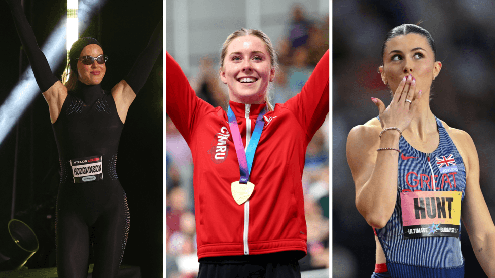 Three separate images of British athlete Keely Hodgkinson with arms aloft in black one-piece, Emma Finucane in red track top with gold medal and Amy Hunt in GB kit blowing a kiss