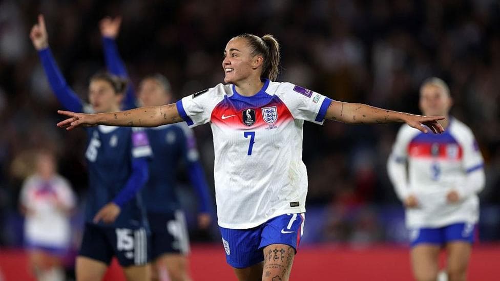 Georgia Stanway celebrates scoring for England