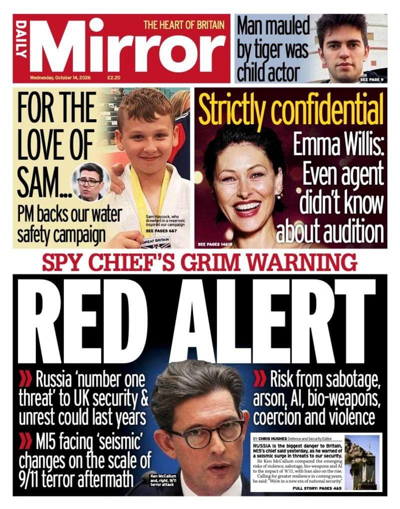 "Red alert" reads the headline on the front page of the Daily Mirror.