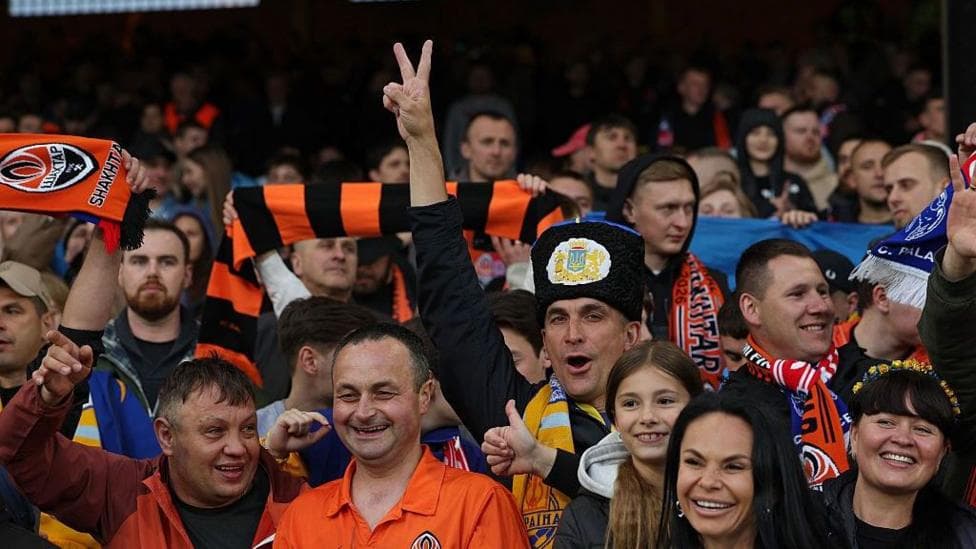 Shakhtar Donetsk supporters, including one in traditional headwear, during the Europa Conference League match against Crystal Palace at Selhurst Park