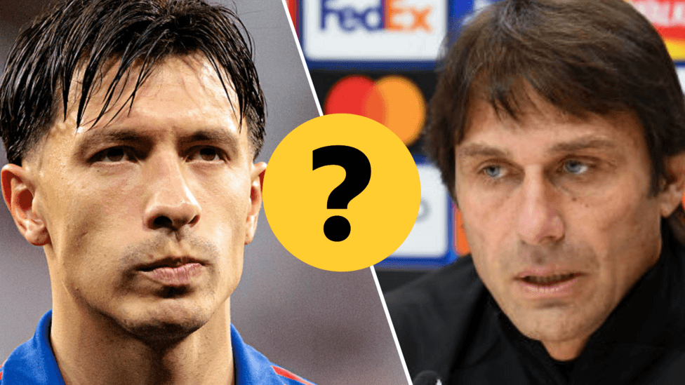 Lisandro Martinez and Antonio Conte with a yellow question mark separating the two