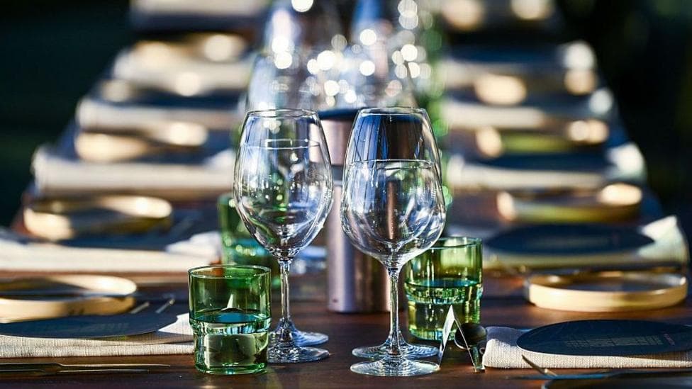 Close up of water and wine glasses on a table