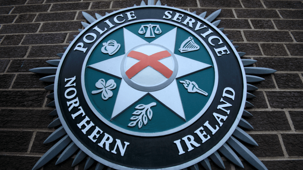 The PSNI emblem on a brick wall. It shows a red x in the middle of a white circle with a star on the outside. Symbols surrounding the star consist of scales, a harp, a torch, a leaf, a shamrock and a torch.
