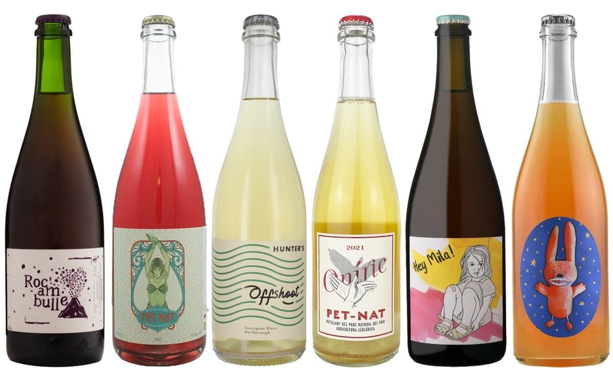 Six Pet Nat wine bottles with colourful labels and varying liquid colours stand in a row
