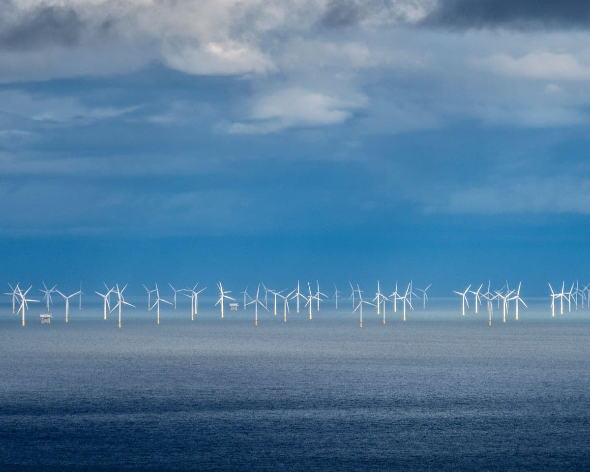 The Gwynt y Mor offshore wind farm in the Irish Sea viewed from the Great Orme, Llandudno, North Wales