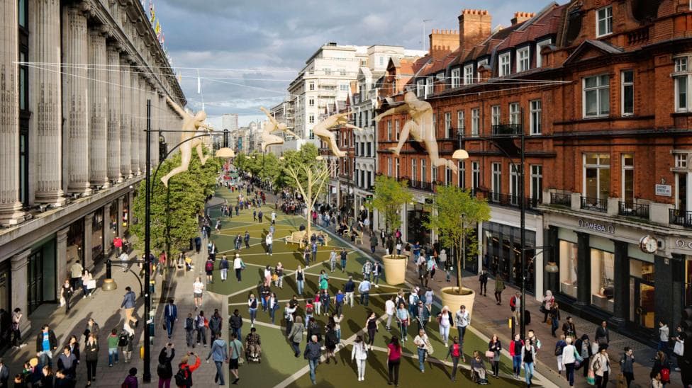 CGI of Oxford Street shows pedestrians walking on green pavement with trees and artwork above