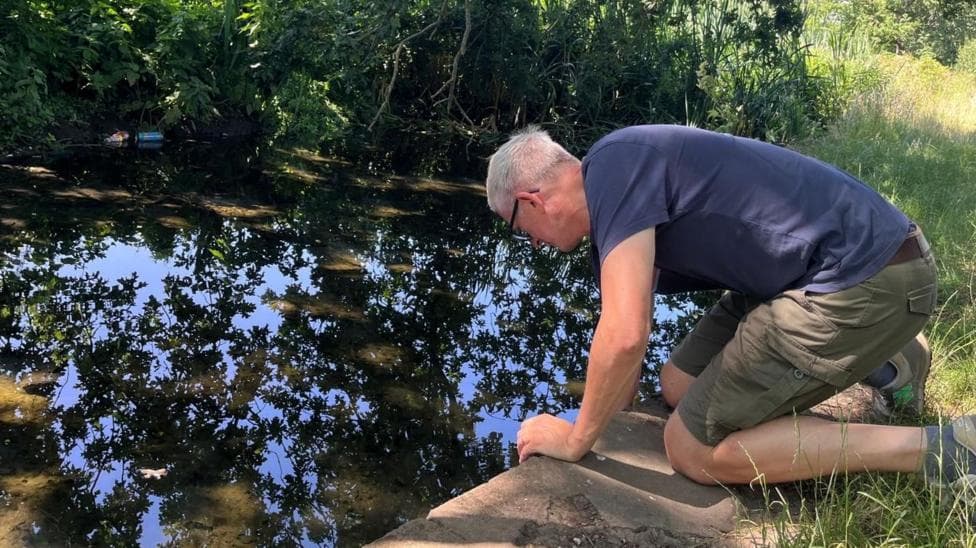 A man leans over a ledge to take a water sample from a stream. He has grey hair, glasses and is wearing a navy blue T-shirt, khaki green shorts and trainers.