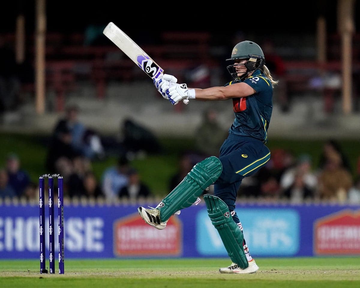 Ellyse Perry plays a shot during Australia’s narrow win over New Zealand in the first T20 at North Sydney Oval.
