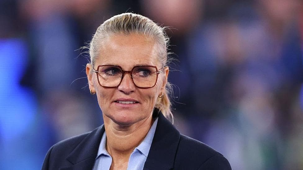 Sarina Wiegman on the touchline for England's World Cup play-off match against Greece