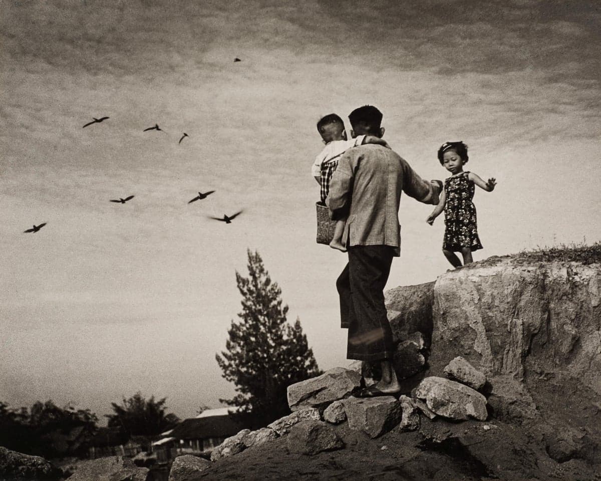 A father holds a child while leading a little girl across rocks, birds flying overhead