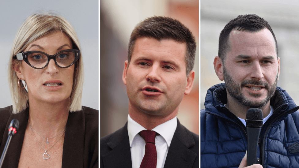 A composite image of three images. On the left is a blonde woman wearing glasses and a brown jacket. In the middle is a man with short brown hair wearing a suit with a red tie. On the right is a man with short black hair wearing a blue jacket. He is holding a microphone.