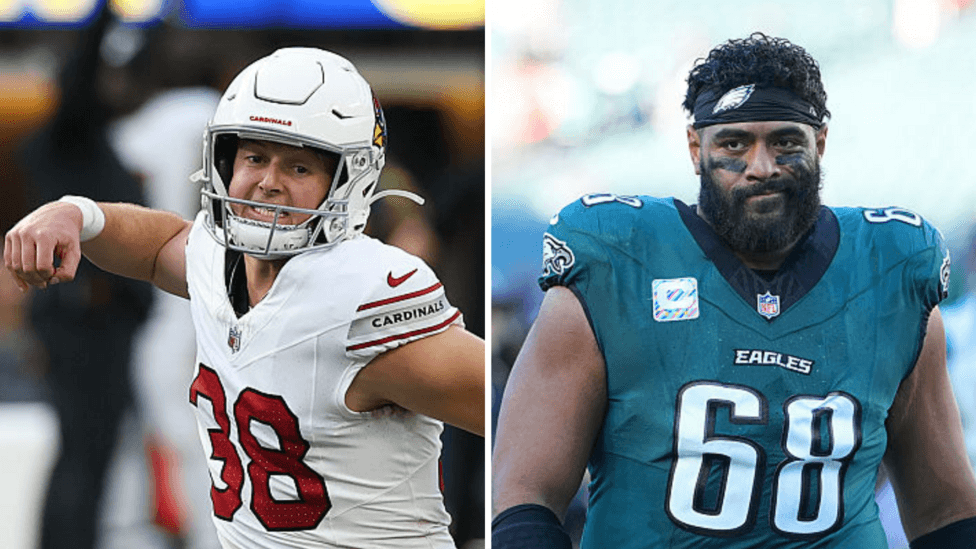 Split image of Chad Ryland celebrating as the Arizona Cardinals win at the Los Angeles Rams while Jordan Mailata looks disappointed after the Philadelphia Eagles lose to the Carolina Panthers