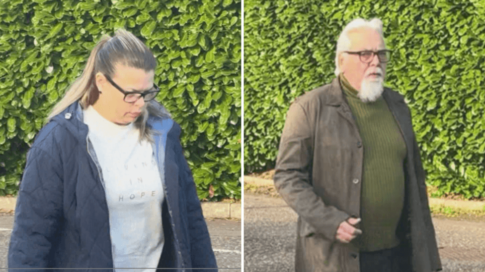 A composite image of a man and a woman, she has long brown hair with blonde streaks, blue coat and white jumper. He has short grey hair with a grey beard, green jumper and khaki coat.