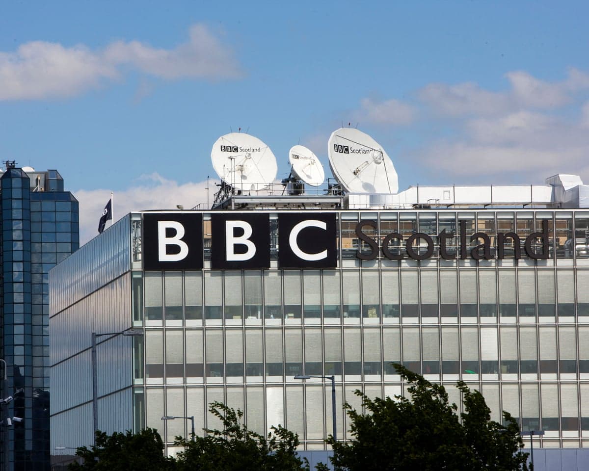 The BBC Scotland headquarters with satellite dishes on its roof