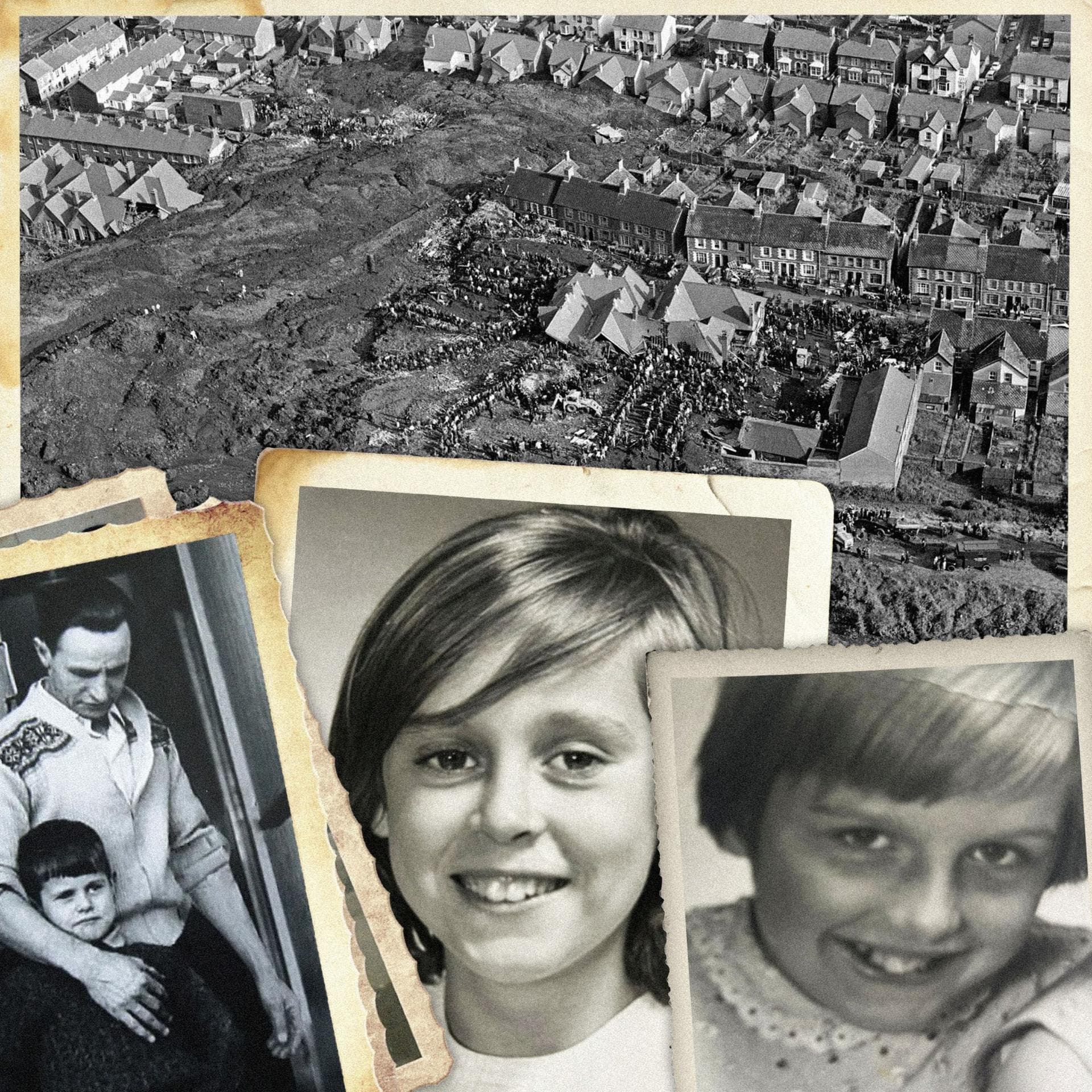 A composite image of the disaster site and people affected. They are all black and white photos and include an aerial view of the submerged school and individual photos of young children.