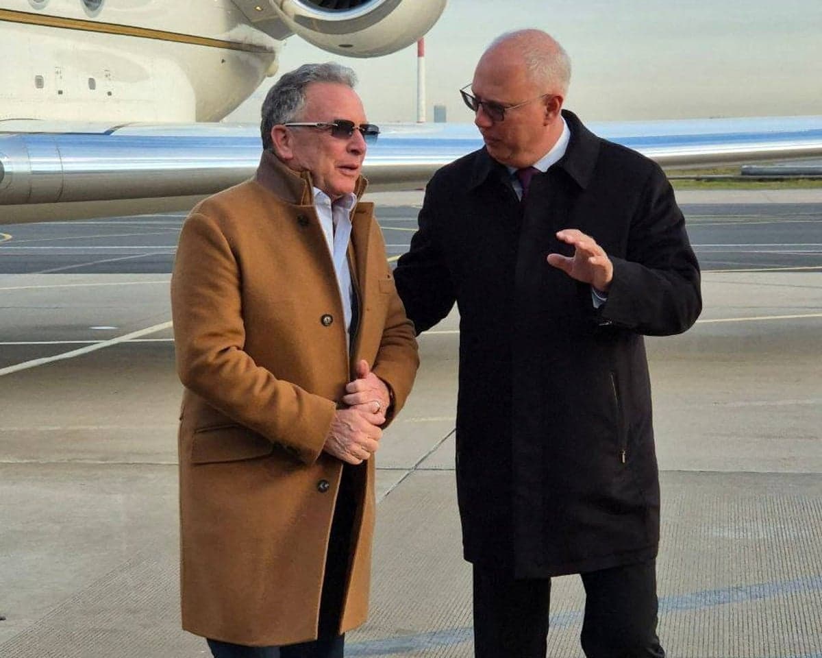 Russian presidential envoy Kirill Dmitriev greets US special envoy Steve Witkoff upon his arrival at Pulkovo Airport in Saint Petersburg, Russia.