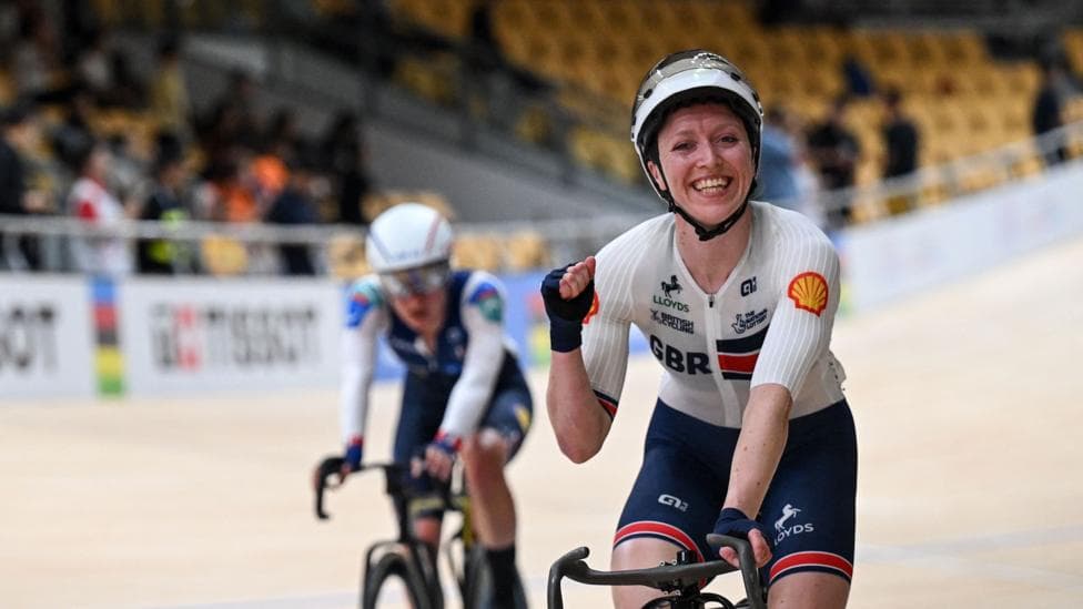 Great Britain's Anna Morris celebrates after winning in the women's omnium race at the 2026 UCI Track World Championships at the Shanghai Velodrome in Shanghai on October 16, 2026. (Photo by Jade GAO / AFP via Getty Images)