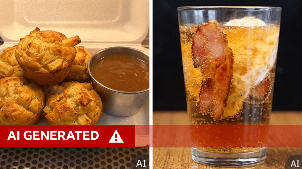 A screenshot of two AI-generated images on Just Eat - one of chip muffins - a muffin with potato chips in them, and the other of a pint glass of fizzy drink with an egg and bacon in it